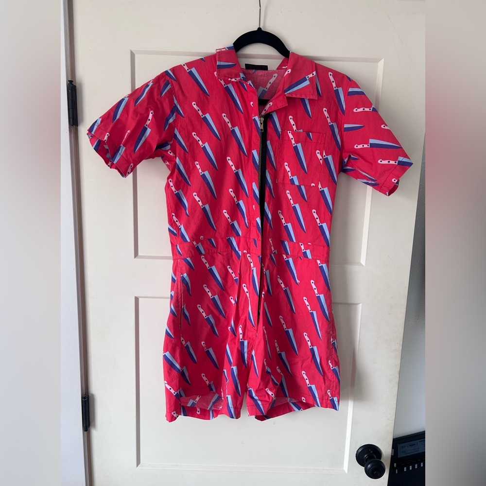 Nooworks Red and Blue Knife Pattern Shorteralls jumpsuit size m